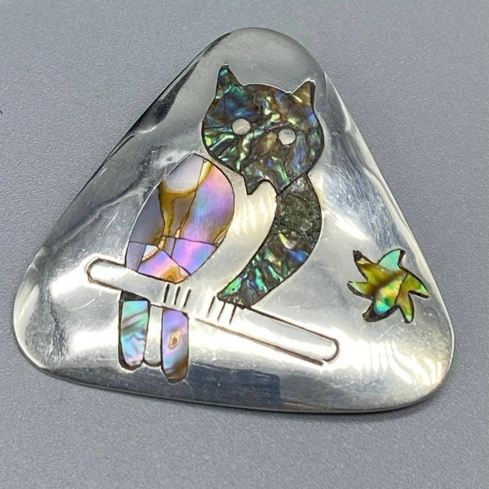 Sterling silver Abalone inlaid Owl Pendant  Brooch Signed‎ Taxco Vintage